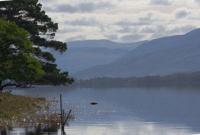 Scenic view of lake and mountains against sky