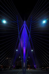 Illuminated suspension bridge against blue sky at night