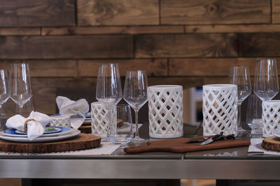 View of wine glasses on table