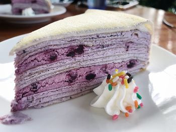 Close-up of cake in plate on table