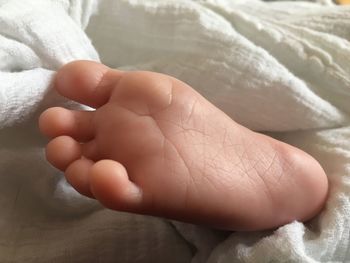 Close-up of baby feet on bed