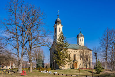 View of building and trees against blue sky