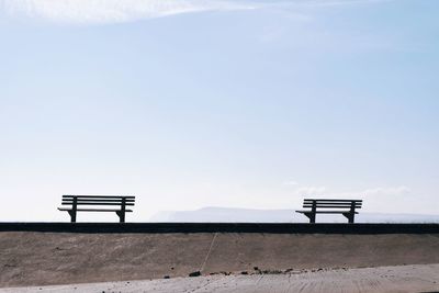 Empty benches against sky