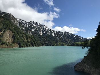 Scenic view of lake and mountains against sky