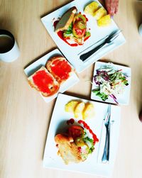 High angle view of breakfast on table