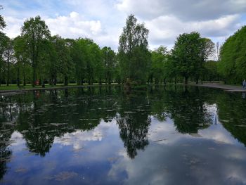 Scenic view of lake by trees against sky
