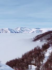 Scenic view of snow covered mountains against sky