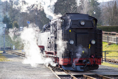 Train on railroad track amidst trees