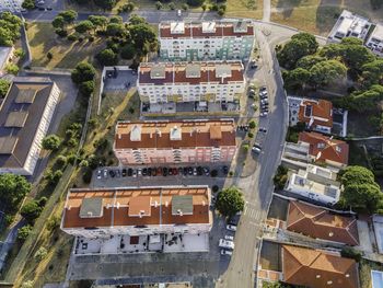 High angle view of street and buildings in town