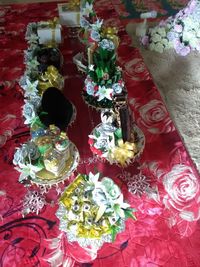 High angle view of various flowers on table