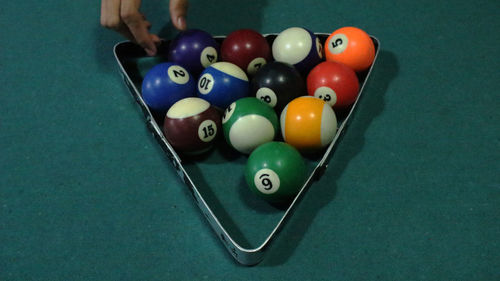 High angle view of balls on pool table