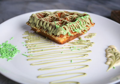 High angle view of dessert in plate on table