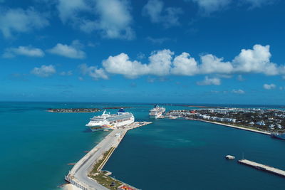 High angle view of bay against sky