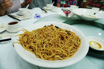 High angle view of noodles in bowl on table