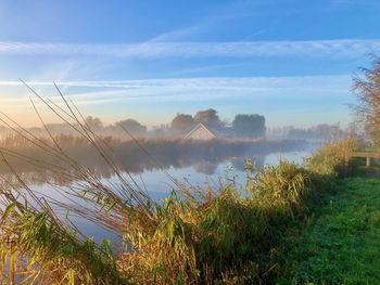 Sunrise over a misty canal in the countryside, a tranquil rural scene