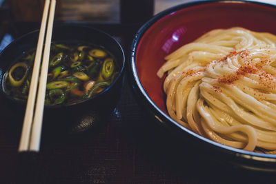 High angle view of noodles in bowl on table