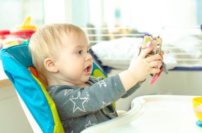 Portrait of cute boy holding toy