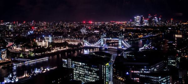High angle view of illuminated buildings at night