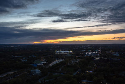 High angle view of townscape against sky during sunset