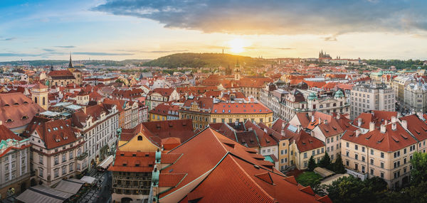 High angle view of townscape against sky during sunset