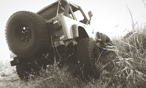 Close-up of tire on field