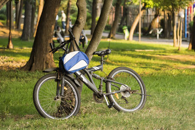 Bicycle parked by tree trunk in park