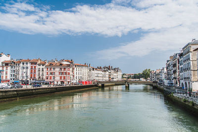 River by buildings in town against sky