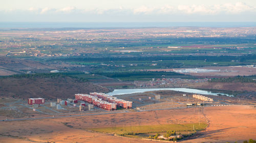 High angle view of land against sky