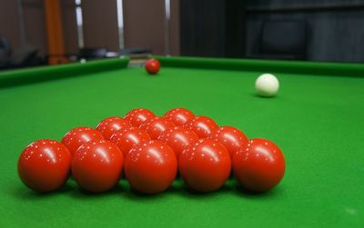 High angle view of snooker balls on table
