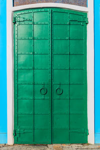 Green riveted iron double door covered with fresh green paint