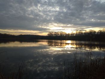 Scenic view of lake against sky during sunset