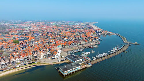 Aerial from the historical town volendam at the ijsselmeer in the netherlands