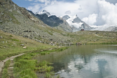 Scenic view of lake by mountains against sky