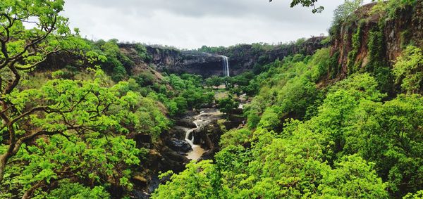 Scenic view of waterfall in forest against sky