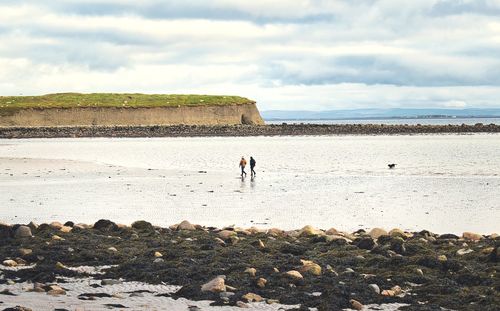 People walking on sandy beach under dramatic cloudy skies at silverstrand, galway, ireland