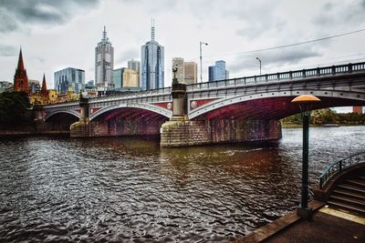 Bridge over river with city in background
