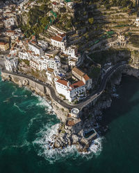 Aerial view of town by sea
