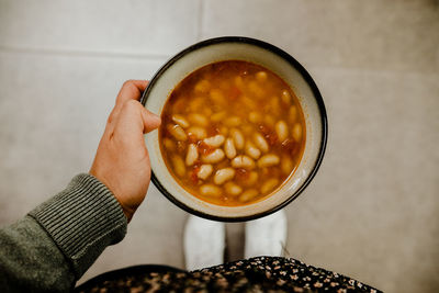 High angle view of food in bowl on table