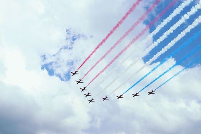 Low angle view of airplane flying against sky