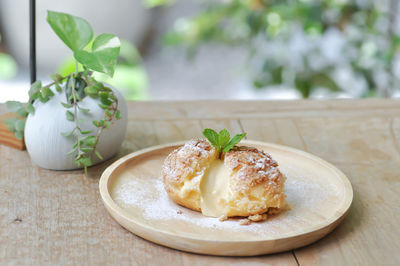 Close-up of dessert served on table