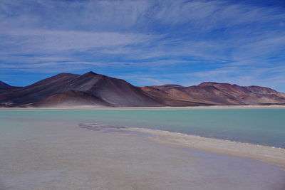 Scenic view of sea and mountains against blue sky