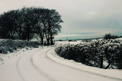 Snow covered road by trees against sky