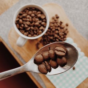 High angle view of coffee beans on table