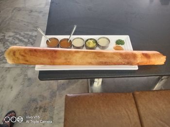 High angle view of breakfast on table