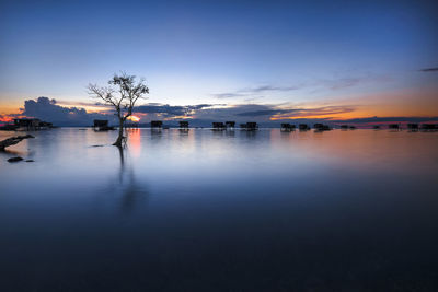 Silhouette bare tree in calm lake against sky during sunset