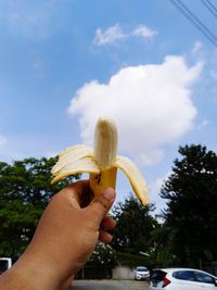 Midsection of person holding ice cream against sky