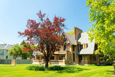 Houses by trees against clear sky during autumn