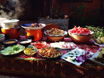 Variety of foods served on table in restaurant