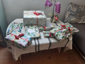 High angle view of presents on table at home