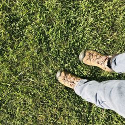 Low section of man standing on field